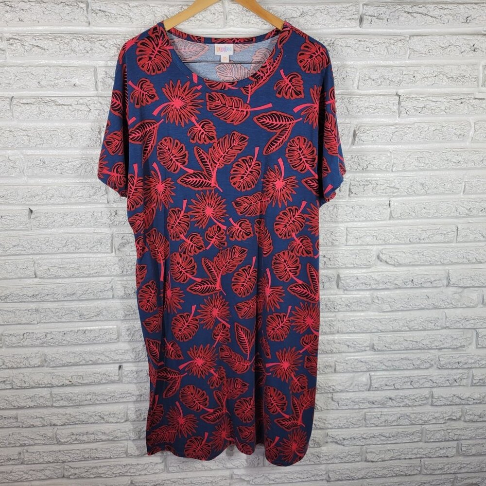 LuLaRoe 3XL Dress Blue Floral Plus Size Knee Length Short Sleeve Stretch FLO41E